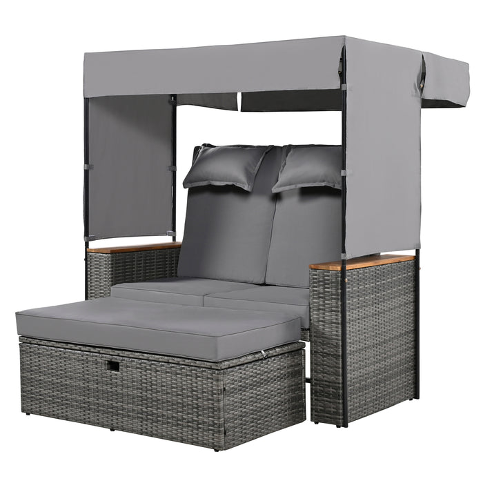 2-Piece Outdoor Rattan Daybed, Outdoor Bed with 5 Positions, Outdoor Loveseat Patio Sofa with Bench Lounge Roof Set and Cushions for Poolside, Backyard and Garden (Grey Wicker + Grey Fabric) - DTYStore
