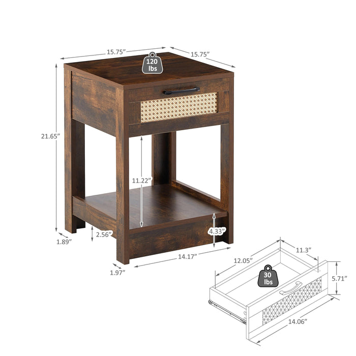 15.75" Rattan End table with drawer, Modern nightstand, side table for living room, bedroom,Rustic Brown