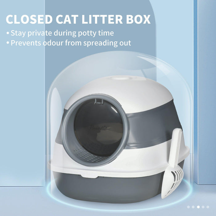 Cat Litter Box with Lid, Covered Litter Box w/ High Sides, Air Freshener, Large Two-Way Entrance Kitty Litter Box, Foldable, Easy Clean, White, and Gray - DTYStore