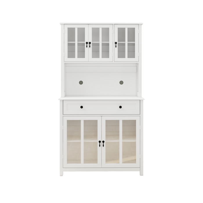 71' Pantry Storage Cabinet with Microwave Oven Countertop, Freestanding Hutch Cabinet with 3 Adjustable Shelves, 5 glass Doors and 1 Large Drawer-White - DTYStore