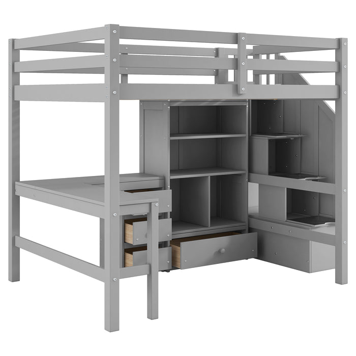 Full Size Loft Bed with L-Shaped Desk and Drawers, Cabinet and Storage Staircase, Gray - DTYStore