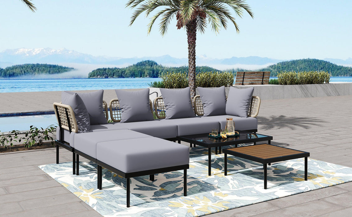 8-Piece Patio Sectional Sofa Set with Tempered Glass and Wooden Coffee Tables for Outdoor Oasis