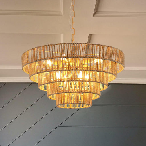 Bohemian style Woven Pendant Light 23.6 Inch Rattan Ligh Large Rattan Pendant Light with 5-Tier Rattan Chandelier--Wood - DTYStore