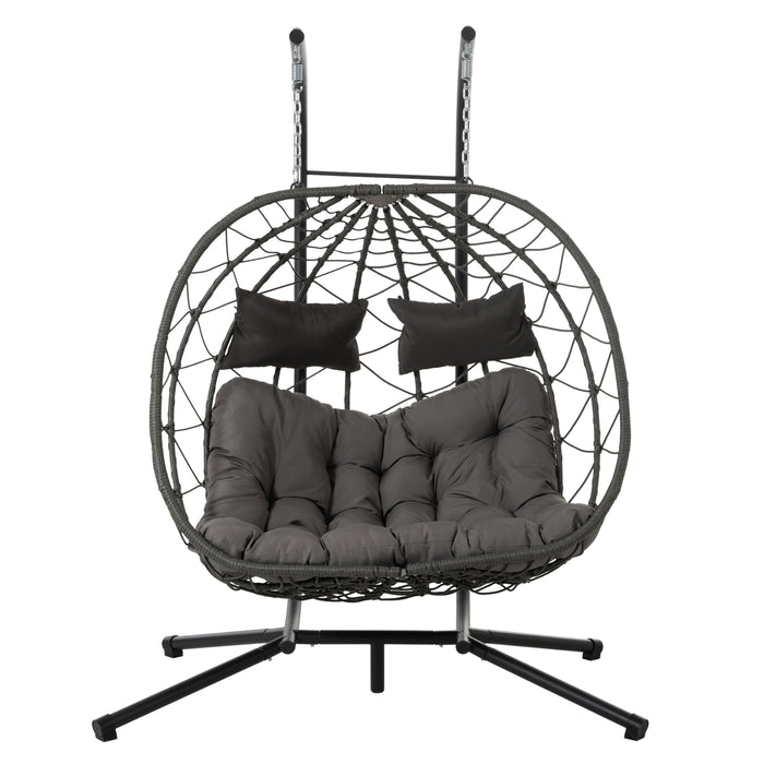 2 Persons Egg Chair with Stand Indoor Outdoor Swing Chair Patio Wicker Hanging Egg Chair Hanging Basket Chair with Stand for Bedroom Living Room Balcony - DTYStore