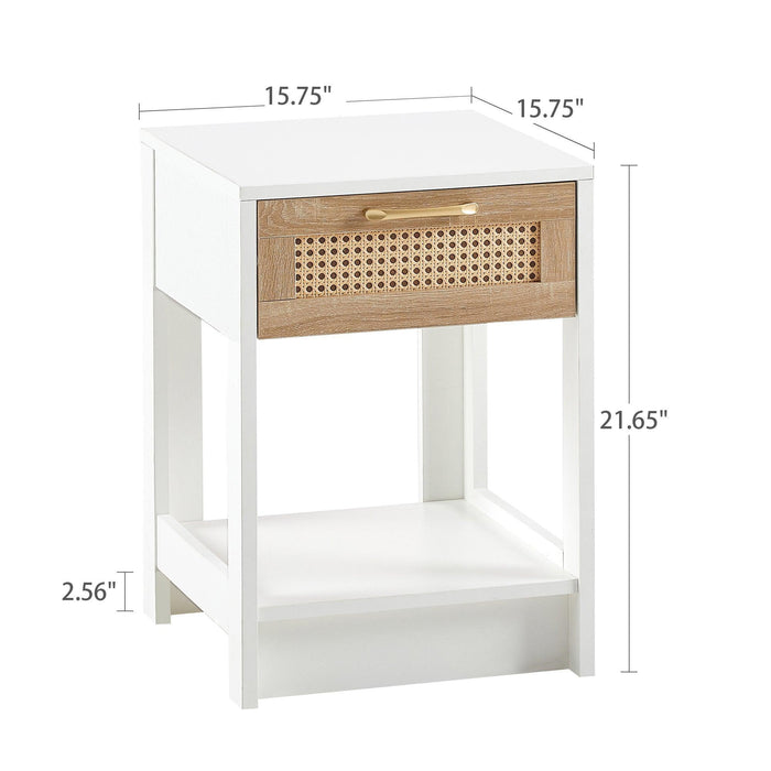 15.75" Rattan End table with drawer, Modern nightstand, side table for living room, bedroom,white - DTYStore
