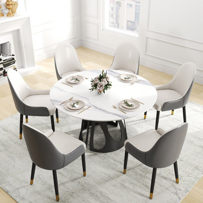 53" Round Marble Dining Table with Black Iron Metal Base, Artificial Marble for 6 People, Dining Room/Living Room Kitchen Dining Table,White (Dining Table Only) - DTYStore