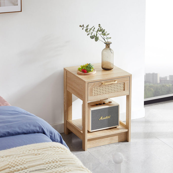 15.75" Rattan End table with drawer, Modern nightstand, side table for living room, bedroom,natural - DTYStore
