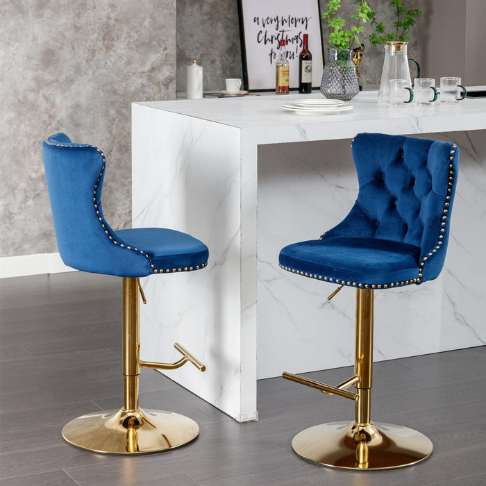 A&A Furniture,Golden Swivel Velvet Barstools Adjusatble Seat Height from 25-33 Inch, Modern Upholstered Bar Stools with Backs Comfortable Tufted for Home Pub and Kitchen Island,Blue,Set of 2