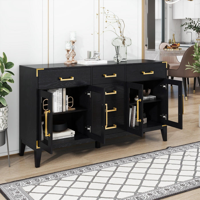 6-drawer and 2-Cabinet Retro Sideboard with Extra Large Storage Space and Gold Handles