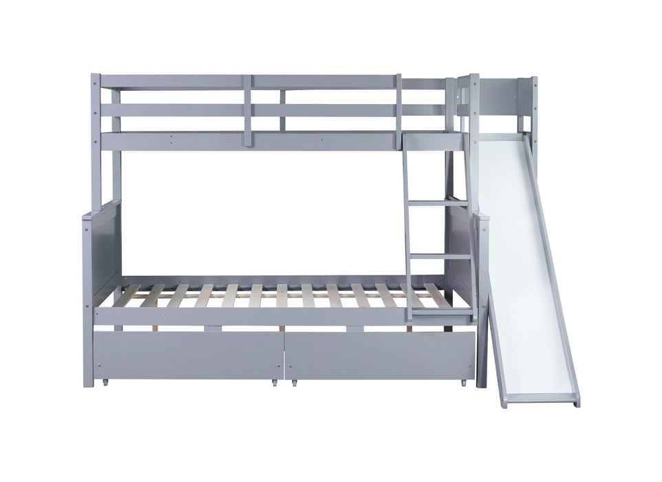 Twin over Full Bunk Bed with 2 Drawers, Slide, Shelves, Ladder, Rubber Wood Bunk Bed with Slide, Drawers,Grey(Old Sku:W504S00061) - DTYStore
