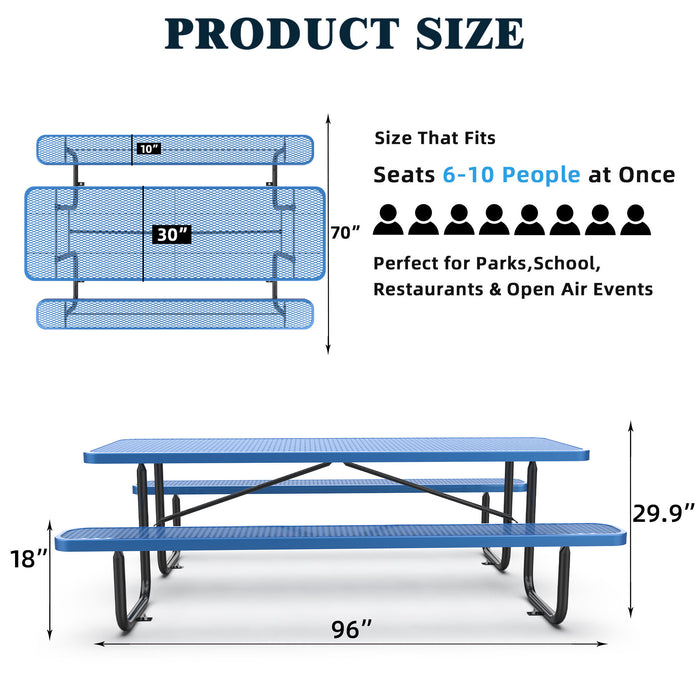 96' Expanded Metal Rectangular Picnic Table, Blue - DTYStore