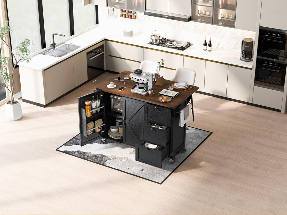 K&K 54.5" Farmhouse Kitchen Island with Power Outlet, Kitchen Storage Island with Internal Storage Rack, Drop Leaf, Spice Rack, Rolling Kitchen Cart on Wheels, for Home, Kitchen and Dining Room,Black