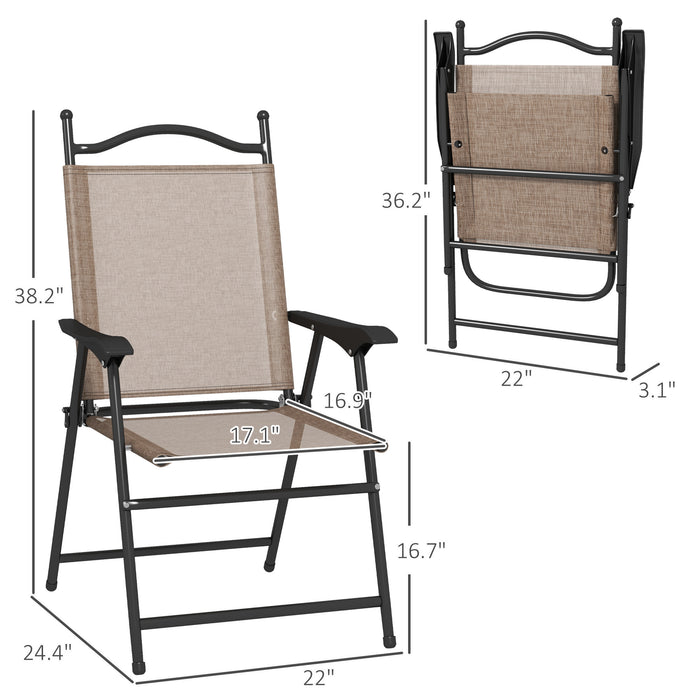 Outsunny Folding Patio Chairs, Set of 4 Sports Chairs for Adults, Camping Chairs with Armrests, Breathable Mesh Fabric Seat for Lawn, Brown - DTYStore