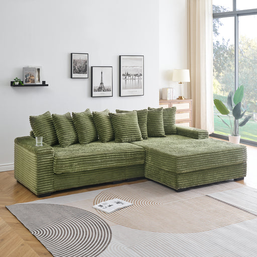 111.4-inch green corduroy sofa with cup holders and lockers on the armrests and a reversible chaise lounge (which can be swapped left and right) is suitable for living rooms and bedrooms. - DTYStore