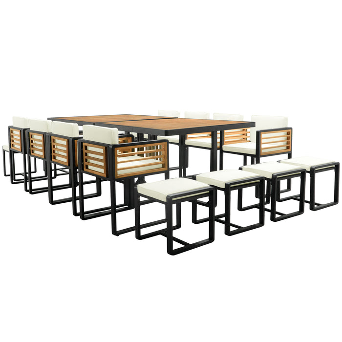 GO 18-Pieces Acacia Wood Patio Dining Set, Space Saving Outdoor Patio Set, 8 Cushioned Chairs & 8 Ottomans & 2 Square Table, for Backyard, Garden, Deck and Poolside, Beige - DTYStore
