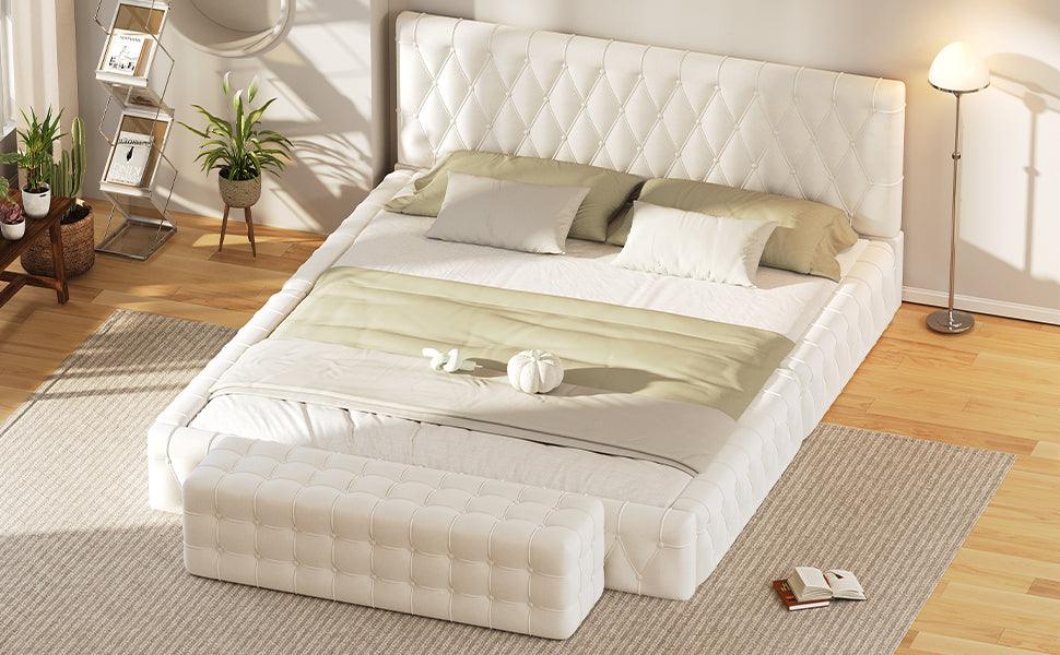 2-Pieces Bedroom Sets Queen Size Upholstered Bed with Rectangular Upholstered Ottoman for Bedroom,White