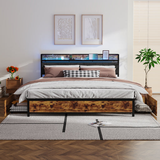 Full Size Bed Frame with Storage Headboard, Metal Platform Bed Frame with 4 Storage Drawers and Charging Station & LED, Metal Support, Noise-Free, No Box Spring Needed, Easy to Assemble - DTYStore