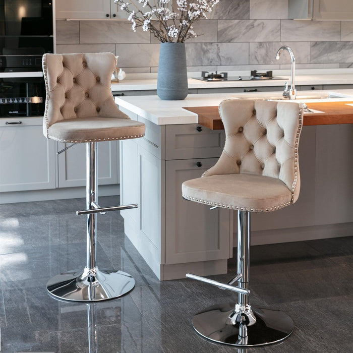 A&A Furniture,Swivel Velvet Barstools Adjusatble Seat Height from 25-33 Inch, Modern Upholstered Chrome base Bar Stools with Backs Comfortable Tufted for Home Pub and Kitchen Island（Khaki,Set of 2）