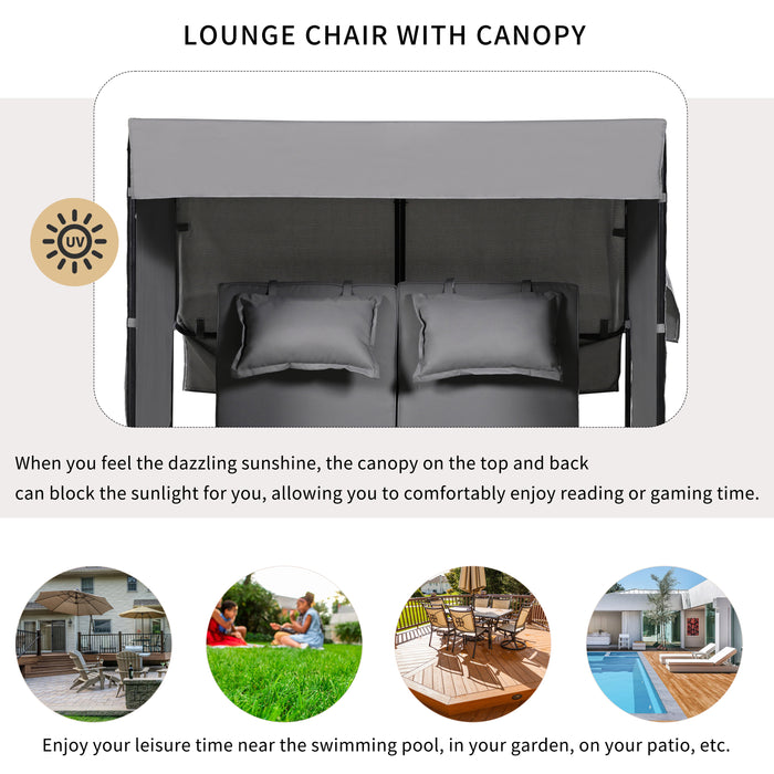 2-Piece Outdoor Rattan Daybed, Outdoor Bed with 5 Positions, Outdoor Loveseat Patio Sofa with Bench Lounge Roof Set and Cushions for Poolside, Backyard and Garden (Grey Wicker + Grey Fabric) - DTYStore