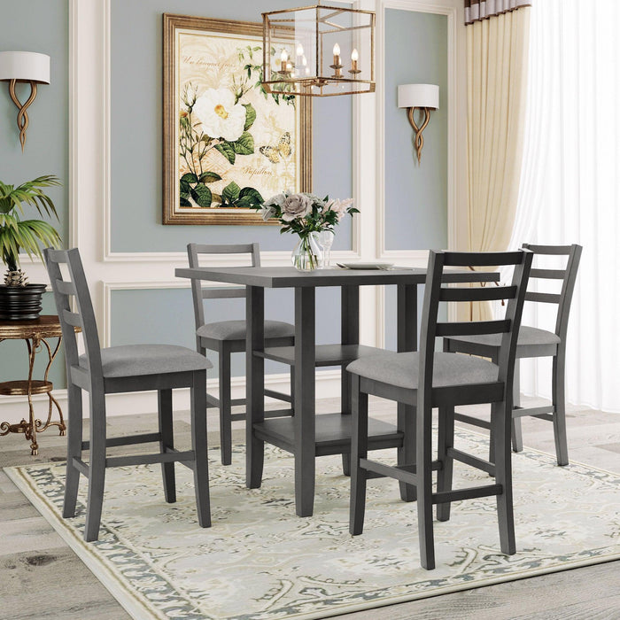 5-Piece Wooden Counter Height Dining Set with Padded Chairs and Storage Shelving Gray