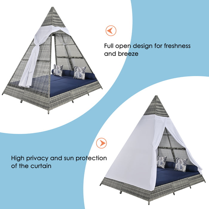 GO 90.5' Length Outdoor Sunbed With Colorful Pillows, Wicker Patio Daybed With Cushions, Tent Shape, Gray And Blue - DTYStore