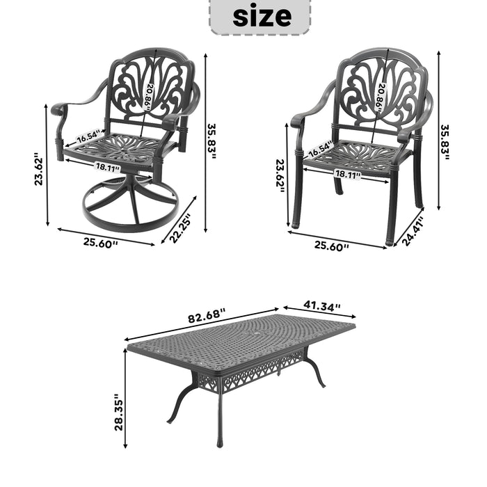 9-Piece All-Weather Cast Aluminum Dining Set, Include 2 Swivel Chairs,6 Dining Chairs and Rectangular Table With Black Frame - DTYStore