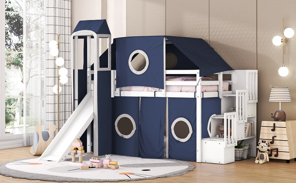 Twin Size Loft Bed with Tent and Tower - Blue - DTYStore