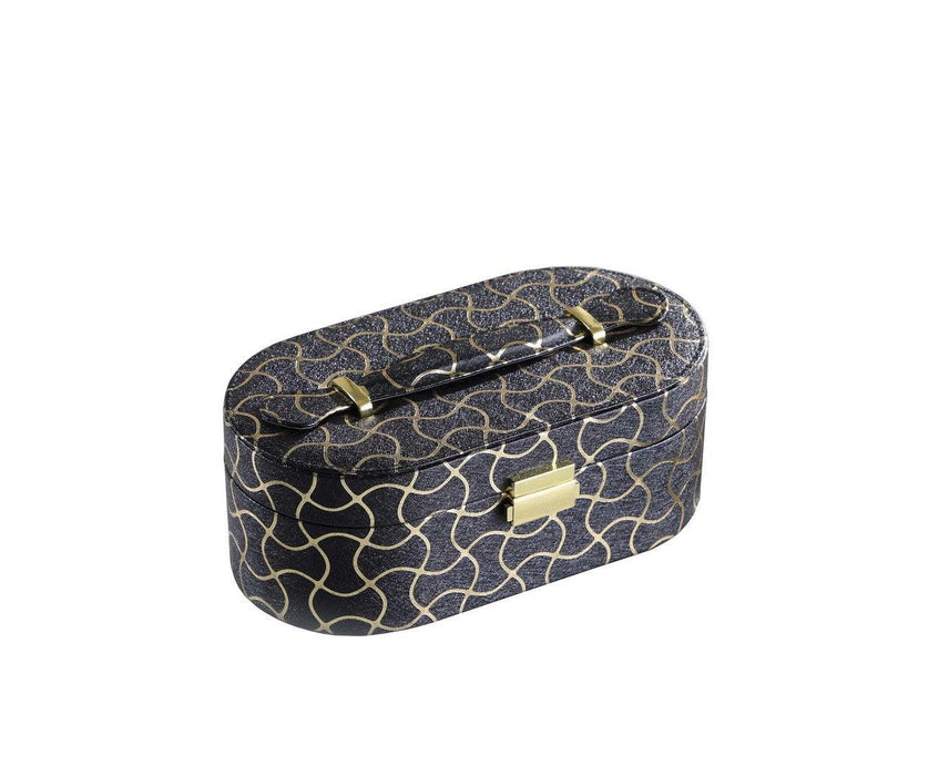 9.5" Long Leather Jewelry Organizer Case with Mirror, Gold Swirl Pattern, Black