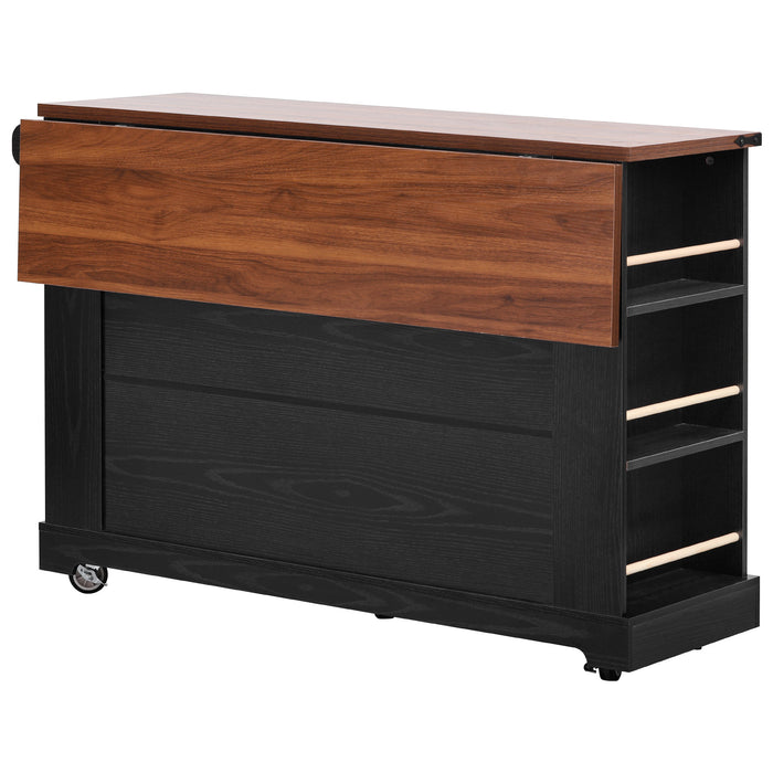 53'' Farmhouse Kitchen Island with Two Tempered Glass Cabinet Doors, Power Outlet, Rolling Kitchen Cart on Wheels with Drop Leaf, 5 Open Side Racks, 3 Drawers, for Kitchen, Dining Room, Black - DTYStore
