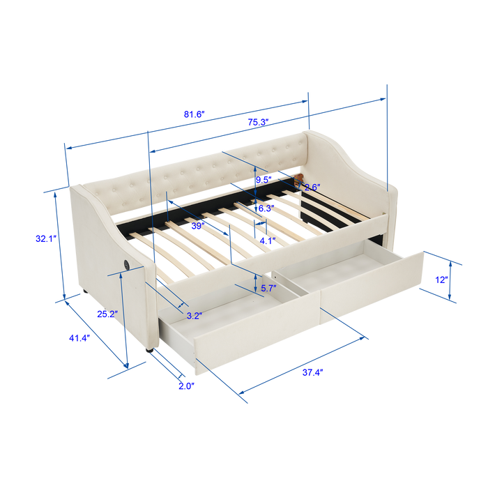 Twin Size Upholstered Daybed with Storage Drawers, Solid Wood Sofábed Bed Frame with Velvet Fabric & Wood Slat Support for Bedroom, Living Room, Office,Beige - DTYStore