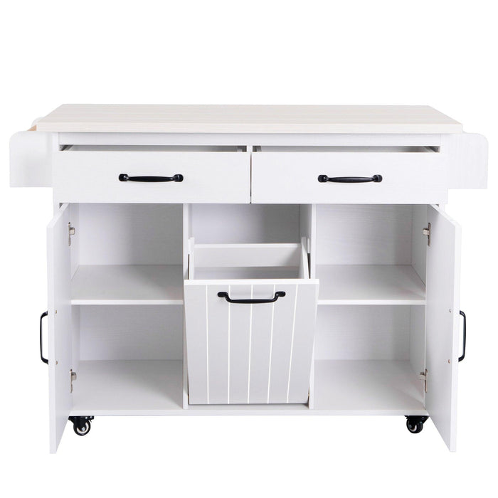 Kitchen Island with Trash Can Storage Cabinet, Kitchen Cart with Drop Leaf, Spice Rack, Towel Rack and Drawer, Rolling Kitchen Island on Wheels with Adjustable Shelf, White - DTYStore
