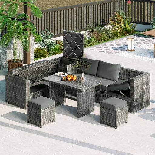 Outdoor 6-Piece All Weather PE Rattan Sofa Set, Garden Patio Wicker Sectional Furniture Set with Adjustable Seat, Storage Box, Removable Covers and Tempered Glass Top Table,Grey - DTYStore