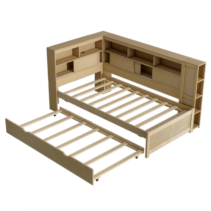 Twin Size Wood Daybed with Storage Shelves, USB and Trundle, Natural - DTYStore