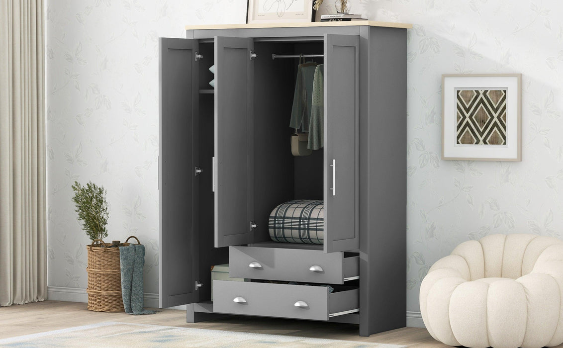 Three Door Storage Wardrobe with Cabinets and Two Hanging Rods,Gray