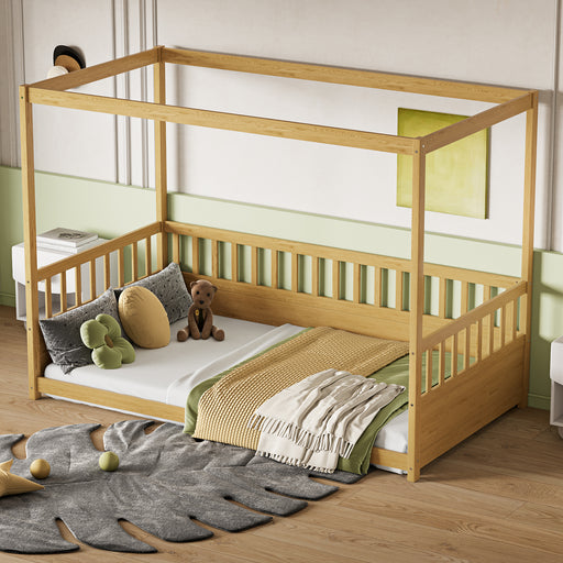Twin Size Canopy Bed Frame with Guardrails for Kids,Floor Bed Twin with Four Poster Design,Kids Montessori Floor Bed,Wood Canopy Bed Frame for Girls,Boys(Twin,Natural) - DTYStore