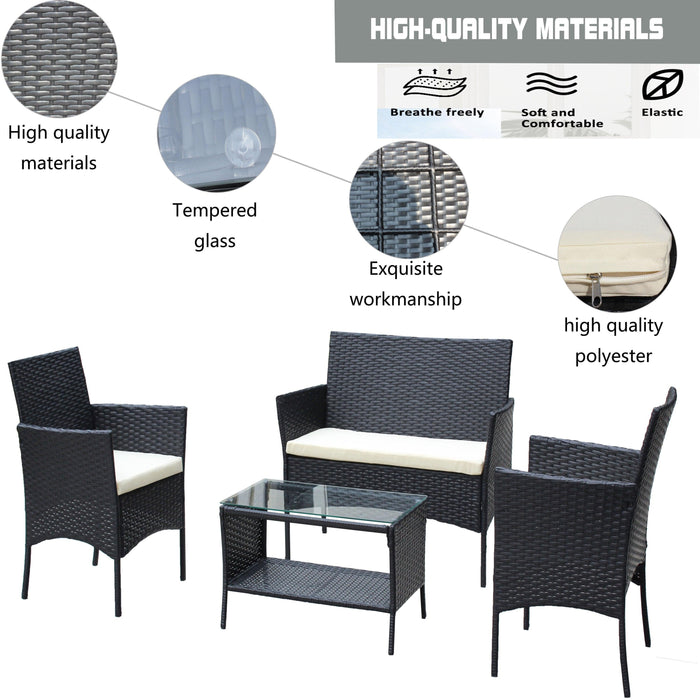 4 PC Rattan Patio Furniture Set Outdoor Patio Cushioned Seat Wicker Sofa (Beige Cushion) - DTYStore