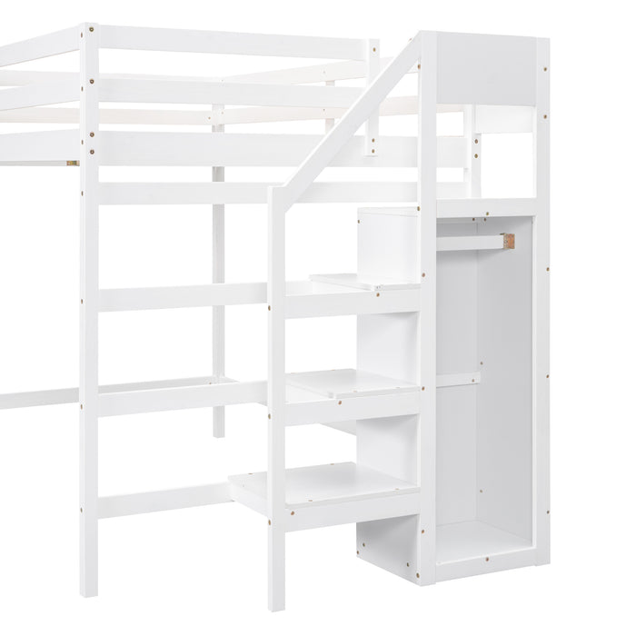 Full Size Loft Bed with Built-in Storage Wardrobe and Staircase, White(Old SKU:SM000527AAK) - DTYStore