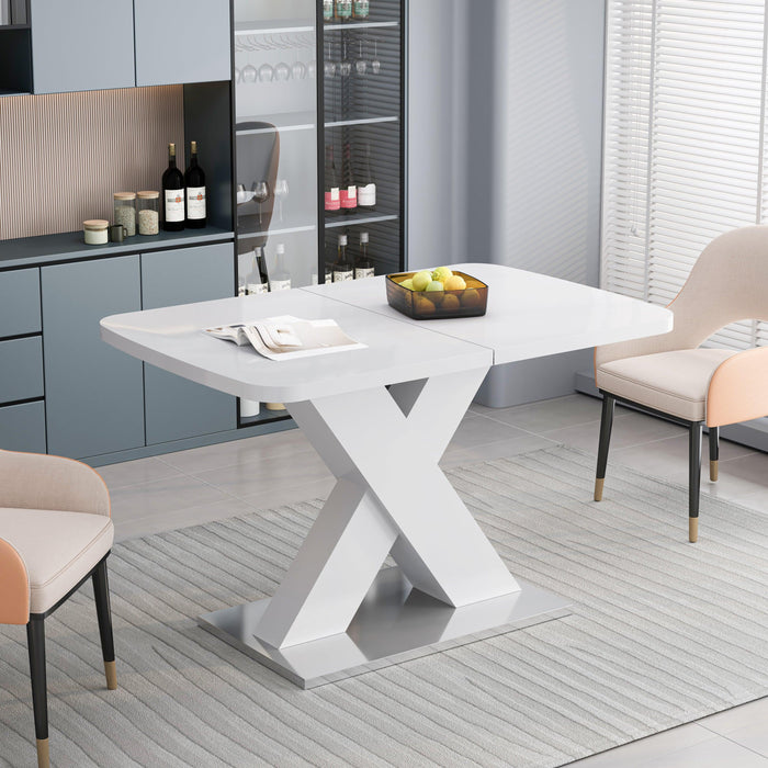 Modern Square Dining Table, Stretchable, White Table Top+MDF X-Shape Table Leg with Metal Base