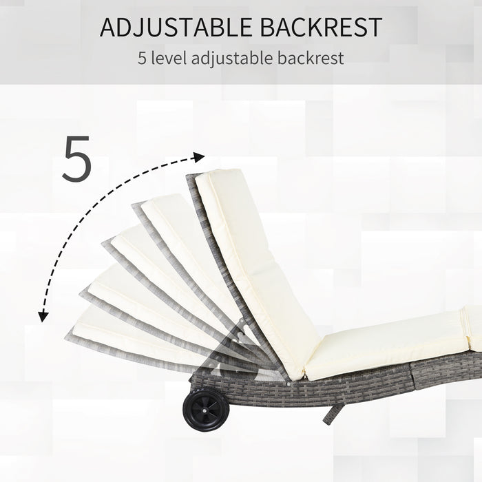 Outsunny Wicker Chaise Lounge Pool Chair, Outdoor PE Rattan Cushioned Patio Sun Lounger w/ 5-Level Adjustable Backrest & Wheels for Easy Movement, Cream White - DTYStore
