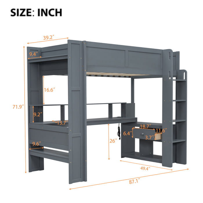 Wood Twin Size Gaming Loft Bed with Desk, Multi-storage Shelves, LED and Charging Station, Dark Gray - DTYStore