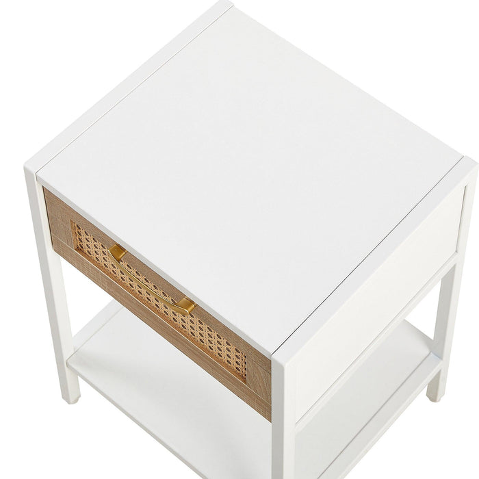 15.74" Rattan End table with drawer, Modern nightstand, metal legs,side table for living room, bedroom,white(1 pc) - DTYStore