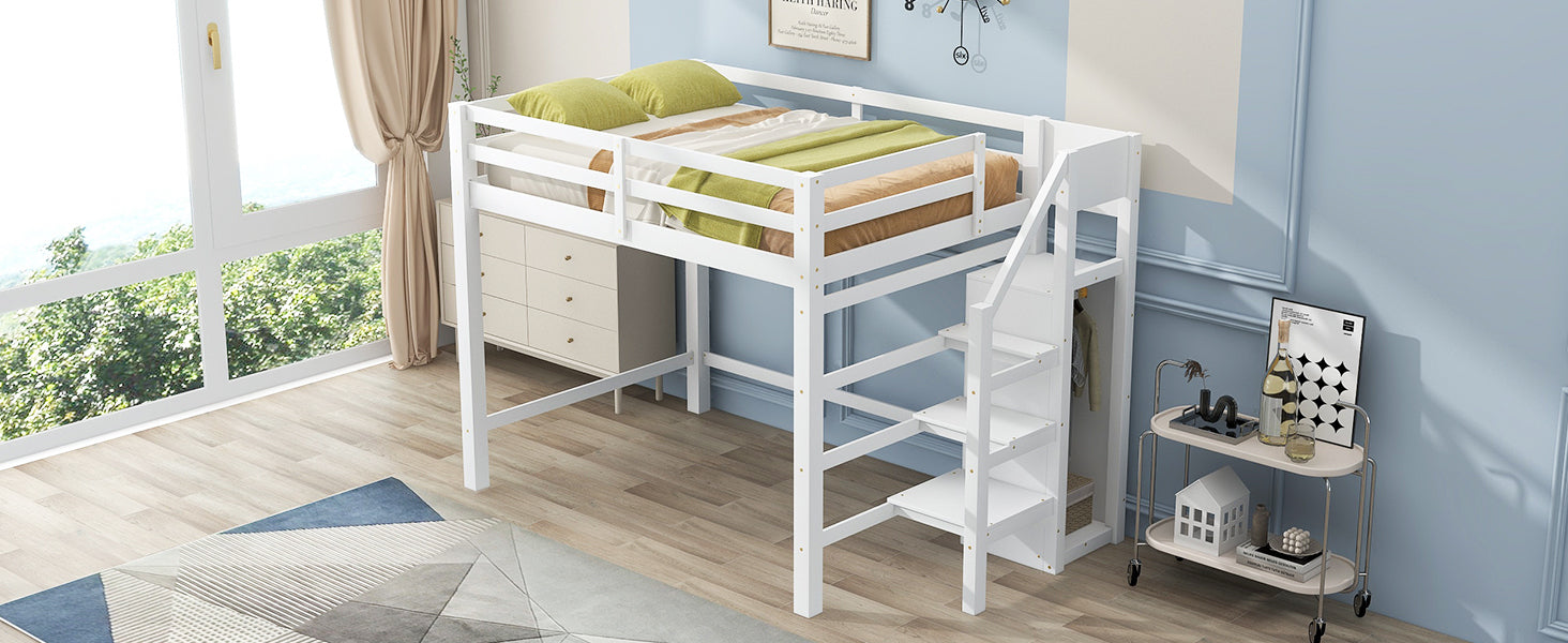 Full Size Loft Bed with Built-in Storage Wardrobe and Staircase, White(Old SKU:SM000527AAK) - DTYStore