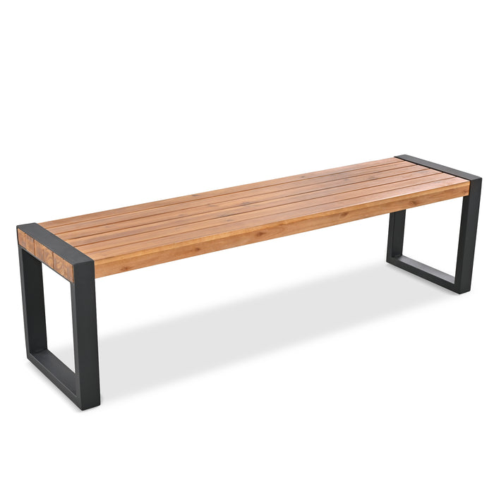 GO 3-pieces Outdoor Dining Table With 2 Benches, Patio Dining Set With Unique Top Texture, Acacia Wood Top & Steel Frame, All Weather Use, For Outdoor & Indoor, Natural - DTYStore