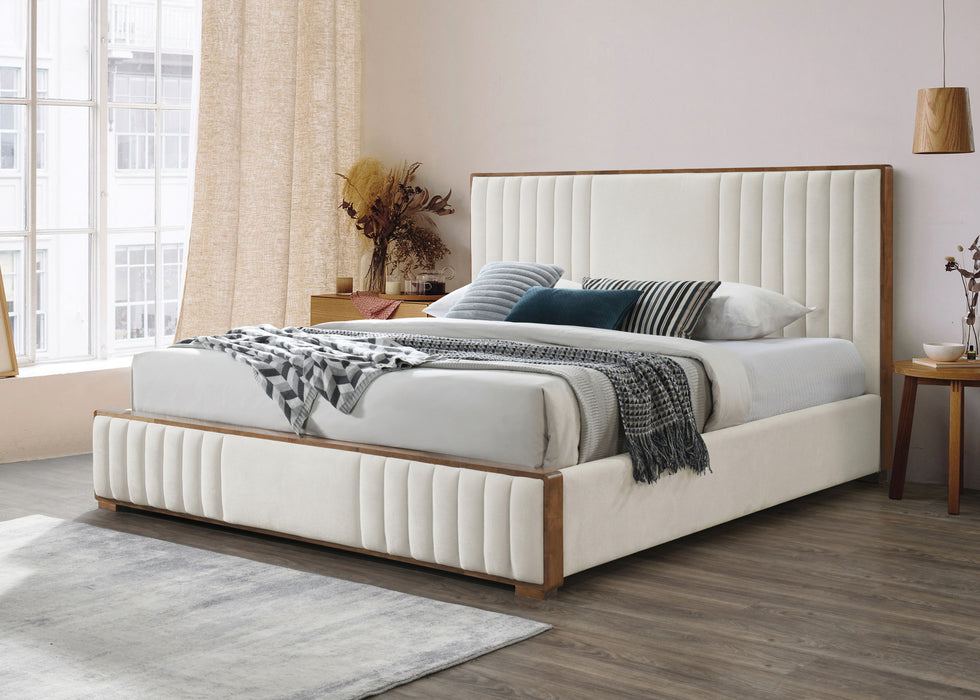 Kaleea Beige Chenille & Walnut Finish EK Bed - DTYStore