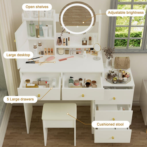 Fashion Vanity Desk with Mirror and Lights for Makeup and Cushioned Chair, Vanity Mirror with Lights and Table Set with 3 Color Lighting Brightness Adjustable,Dressing table, White Color - DTYStore
