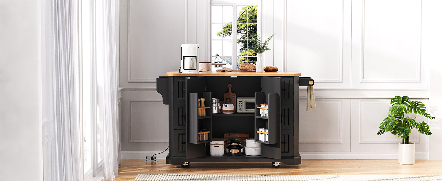 56 inch Kitchen Island with Rubber Wood Veneer Drop Leaf, Power Outlet, 4 Door Shelves, Embossed Vertical Stripe Rolling Kitchen Cart on 4 Wheels with 6 Deep Drawers for Kitchen, Dining Room,Black - DTYStore