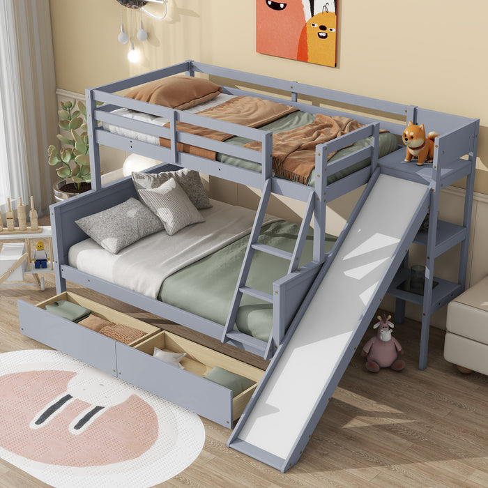 Twin over Full Bunk Bed with 2 Drawers, Slide, Shelves, Ladder, Rubber Wood Bunk Bed with Slide, Drawers,Grey(Old Sku:W504S00061) - DTYStore