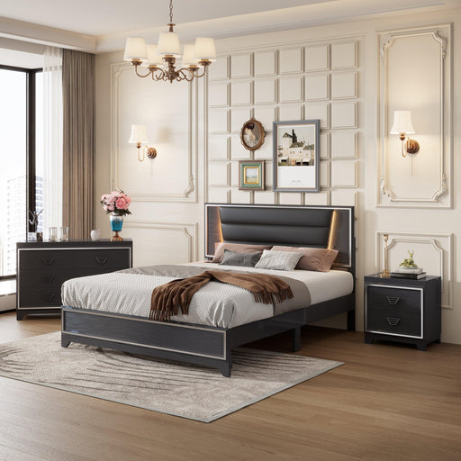 3-Pieces Bedroom Sets Queen Size Upholstered Bed with LED Lights, Nightstands and Dresser with Metal Handles and Sparkling Shiny Decoration, Black - DTYStore