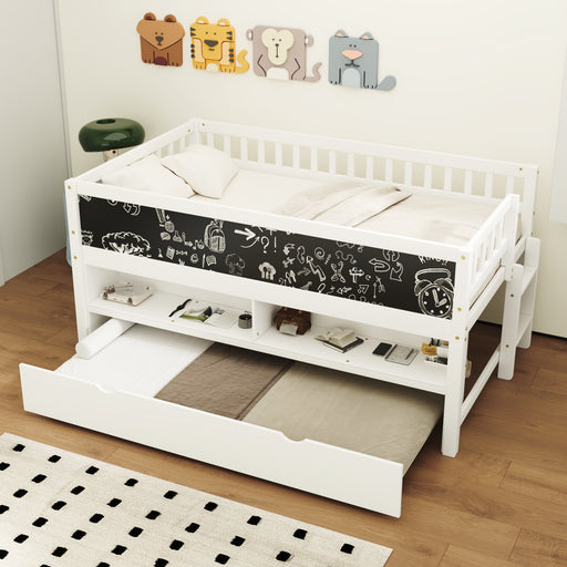 Twin Size Wood Low Loft Bed with Storage Shelves, Blackboard and Trundle, White - DTYStore