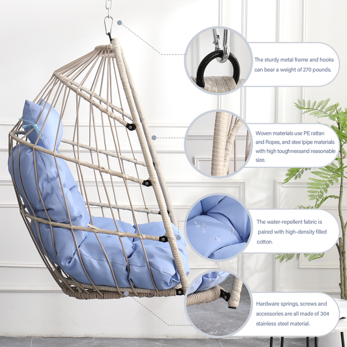 Outdoor garden rattan egg swing chair hanging chair PE hanging chair blue - DTYStore